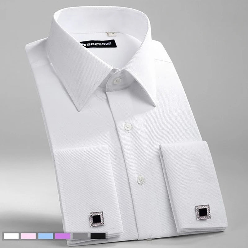 M~6XL Men's French Cuff Dress Shirt 2024New White Long Sleeve Formal Business Buttons Male Shirts Regular Fit Cufflinks Shirt - reetell