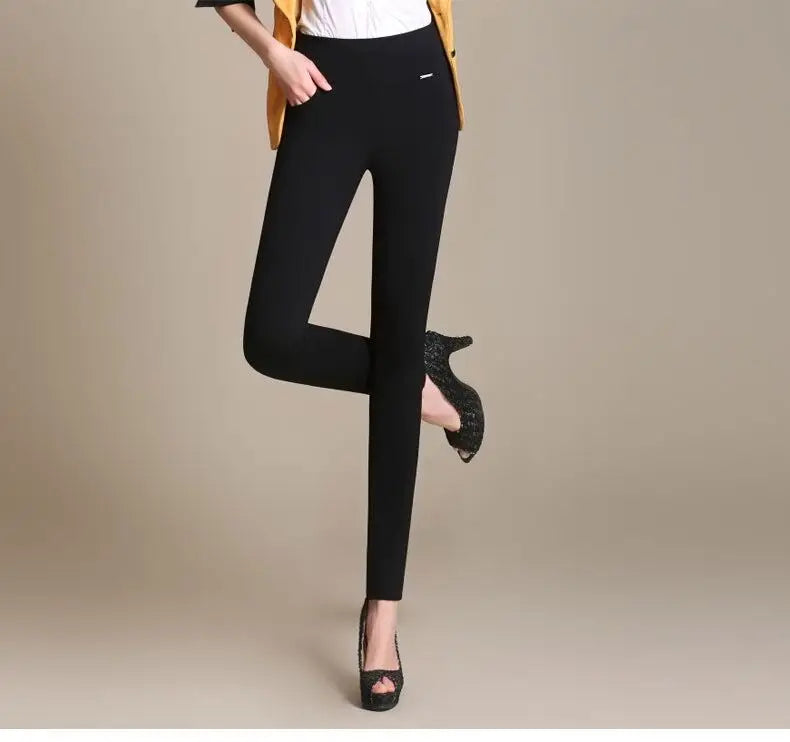 Spring New Korean Black High Waisted Elastic Leg Pencil Pants Women's Solid Pockets Versatile Fashion Casual Straight Trousers - reetell