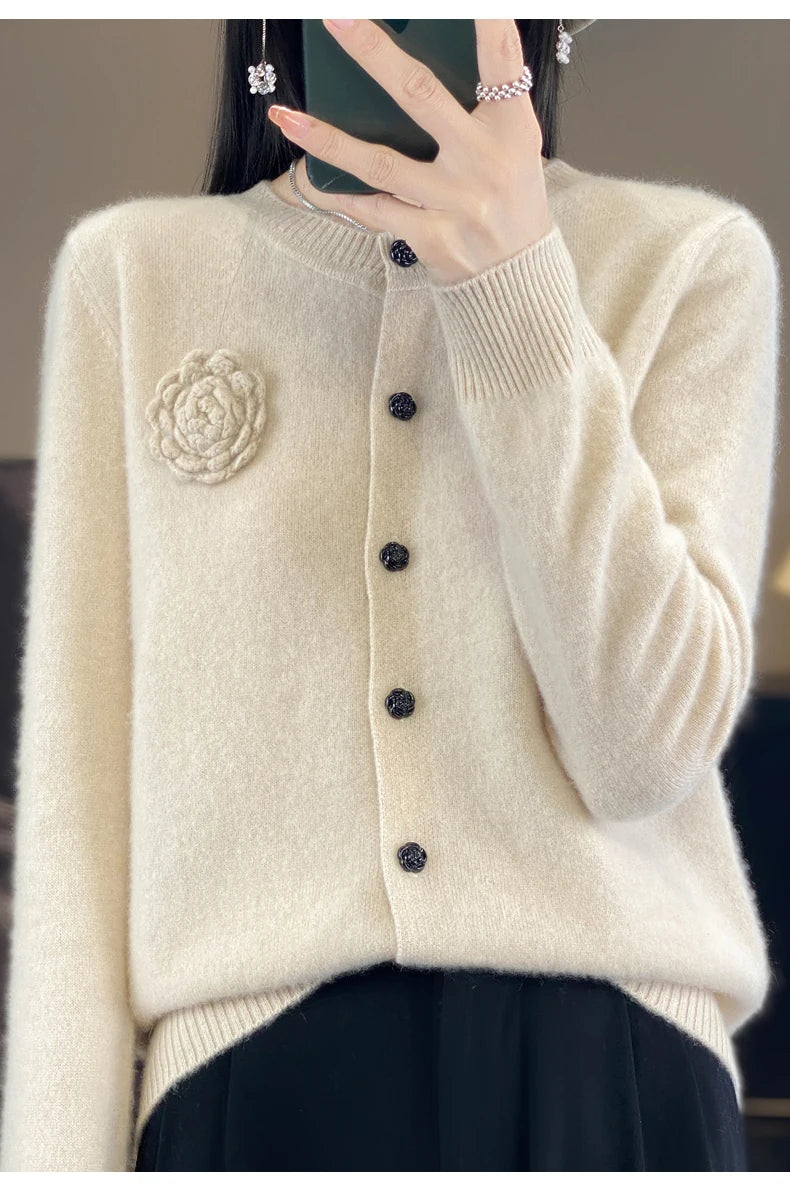 100% Merino Cashmere Sweater Women's Cashmere Cardigan sweater loose solid color autumn and winter comfort top - reetell