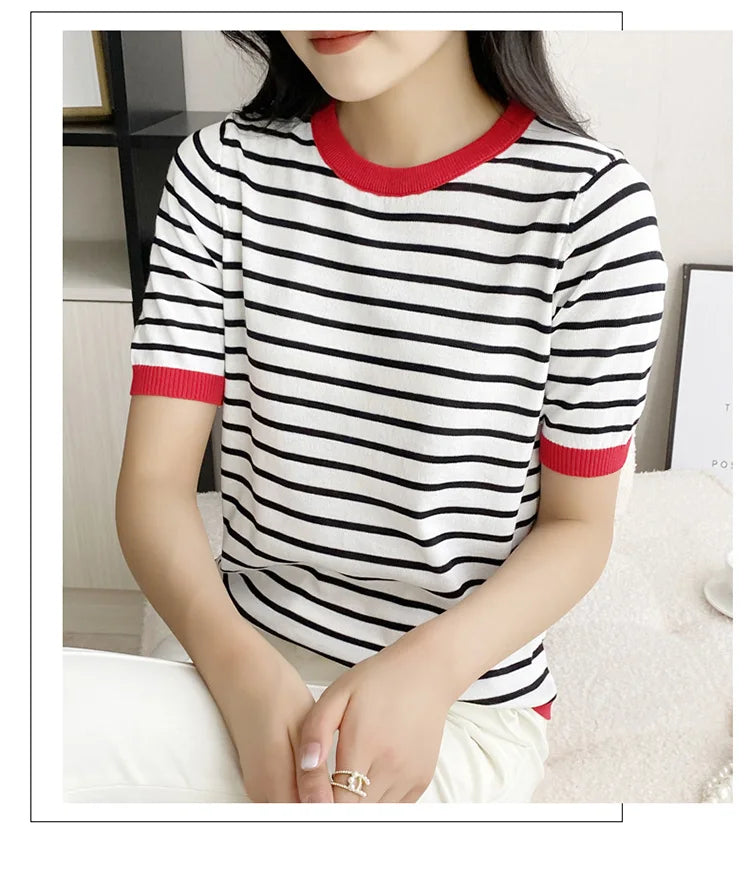 Short Sleeve T-shirts Women Striped Basic Chic Simple All-match Harajuku Retro Cotton O-neck Trendy Loose Leisure Cozy Womens - reetell