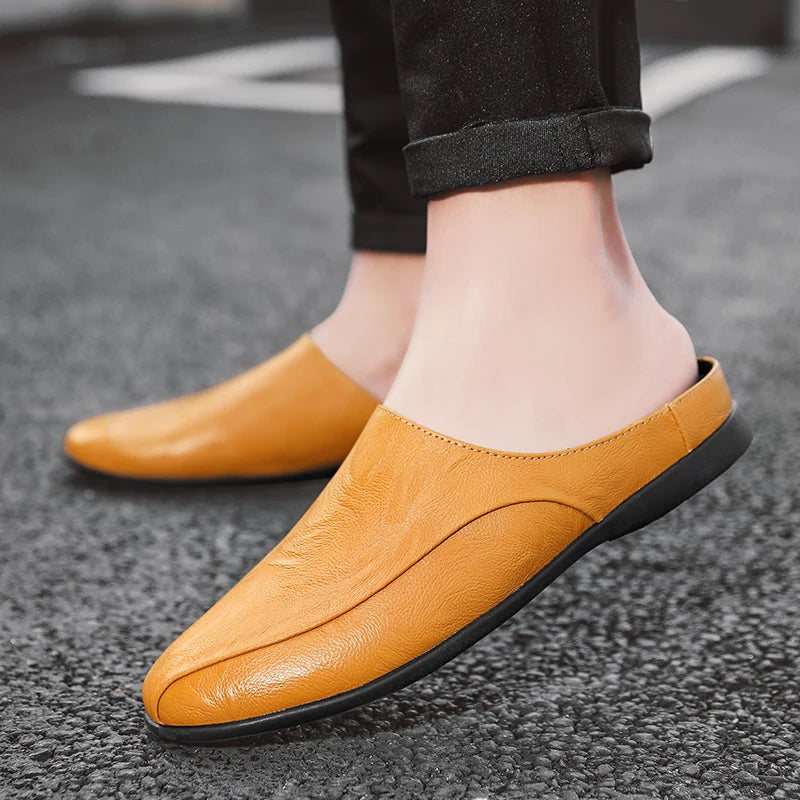 Summer Men Shoes Casual Fashion Mens Loafers Genuine Leather Half Slipper Breathable Slip on Lazy Driving Shoes Men