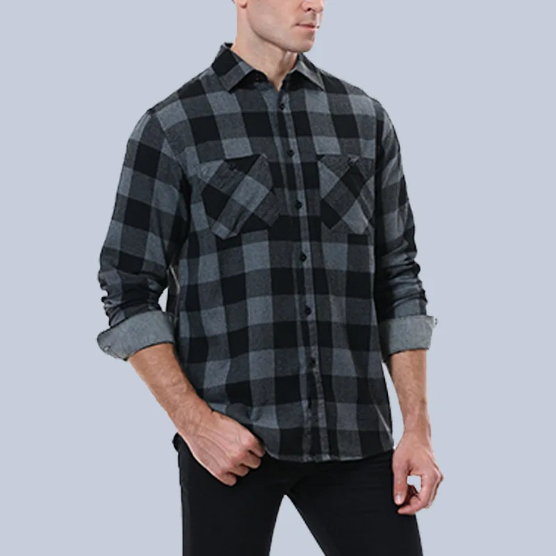 2023New Men Casual Plaid Flannel Shirt Long-Sleeved Chest Two Pocket Design Fashion Printed-Button