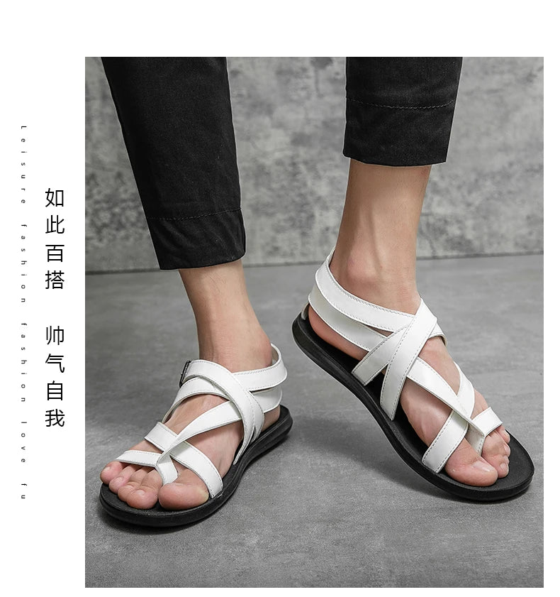 Rome Style Men Leather Sandals Cross Strap White Solid Men 2022 Summer Beach Shoes Size 38-45 Daily Casual Outdoor Driving