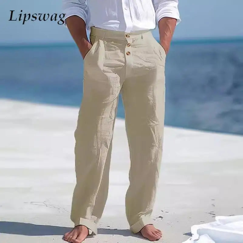 Autumn Vintage Button-up Cotton Linen Pants Men Solid Color Loose Straight Pants For Mens Seaside Beach Style Casual Pants Male - reetell