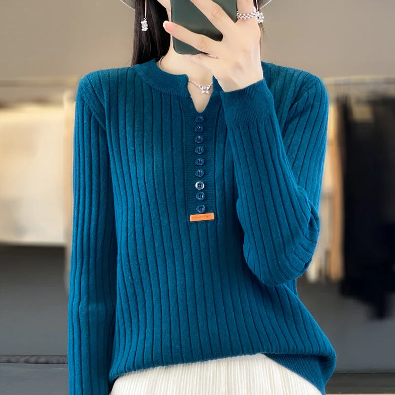 Women's Sweater Autumn/Winter New Solid Color Knitwear V-Neck Pullover Ladies Clothes Fashion Blouse Korean Style Loose Tops - reetell