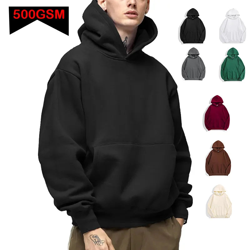 500GSM Heavy Weight Fashion Men's Hoodies New Autumn Winter Casual Thick Cotton Men's Top Solid Color Hoodies Sweatshirt Male - reetell