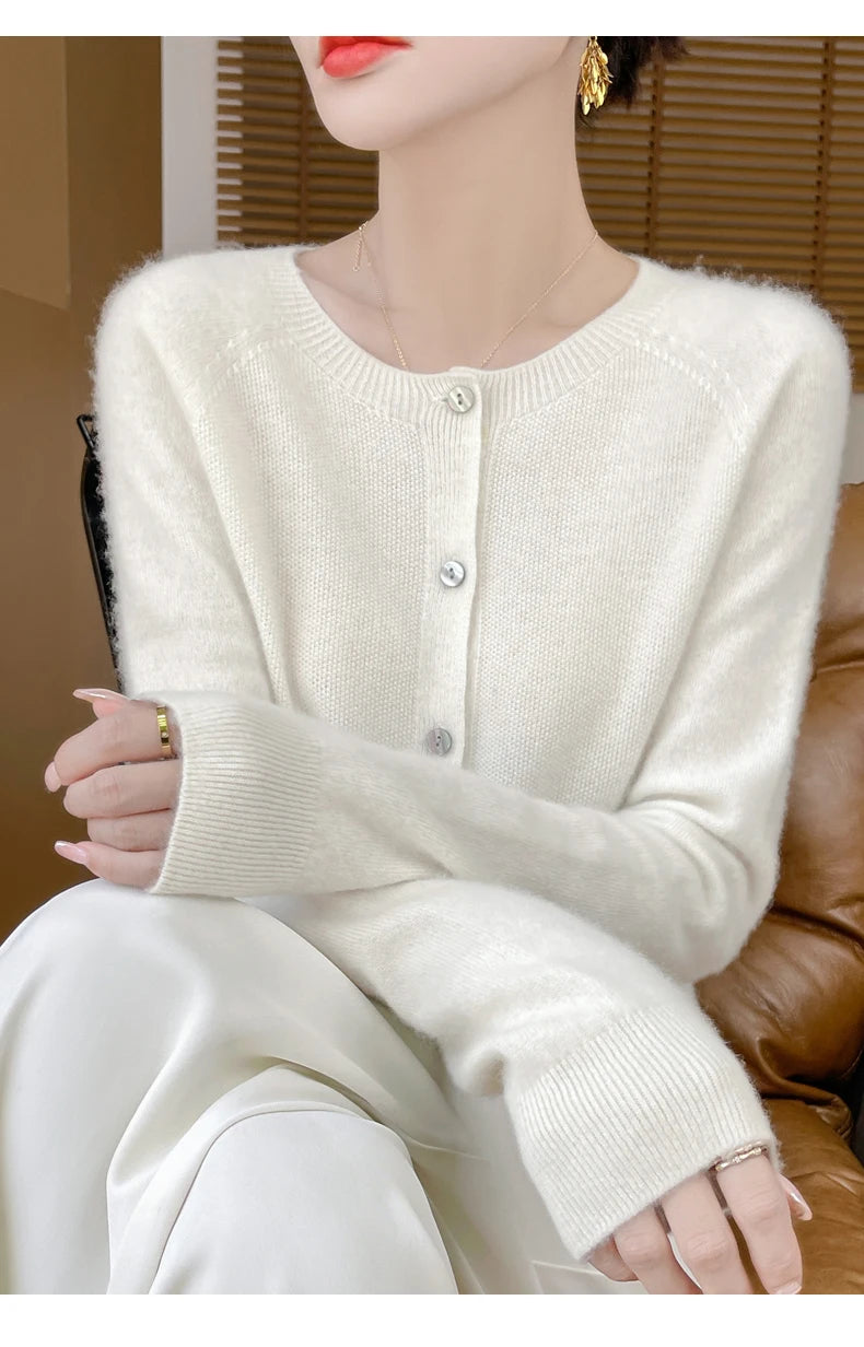 100% Merino Wool Long Sleeve Sweaters Cashmere Cardigan Spring Autumn Women O-Neck Knitwear Tops Clothing Fashion Basic Tops - reetell