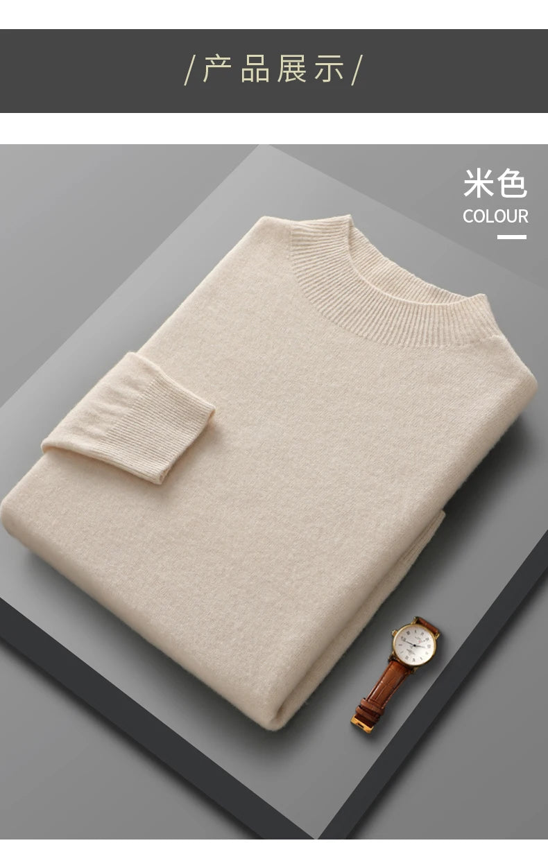 Spring Autumn 100% Merino Wool Pullover Sweater Cashmere Knitwear Men Mock-Neck Long-sleeve Basic Clothing Grace Tops - reetell