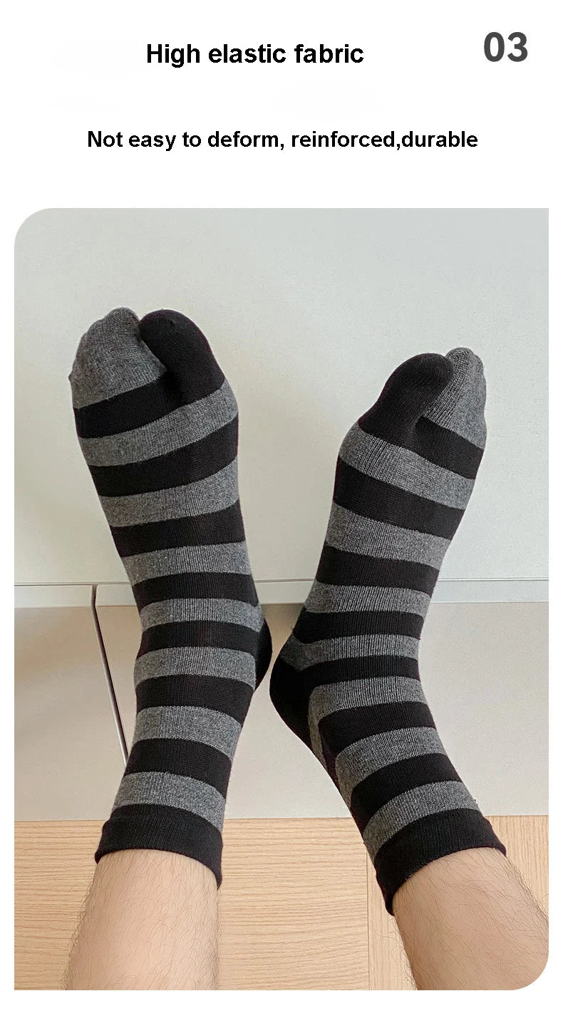 Men's 2 Finger Slipper Socks Cotton Tabi Toe Socks Mid-tube Autumn Sweat-absorbing Striped Two Toed Flip-flop Socks Man EUR38-43