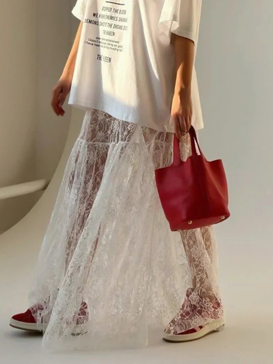 Lace Jacquard Transperant Skirt Women Summer New High Waist Sexy Casual Long Skirts 2024 Streetwear Fashion White Maxi Skirt - reetell