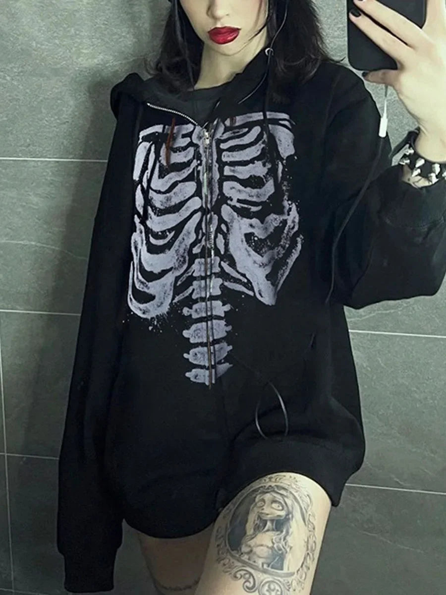 Halloween Women Spring Autumn Casual Hooded Coat Long Sleeve Skull Print Zipper Hoodie Grunge Long Sleeve Top Gothic Sweatshirt - reetell