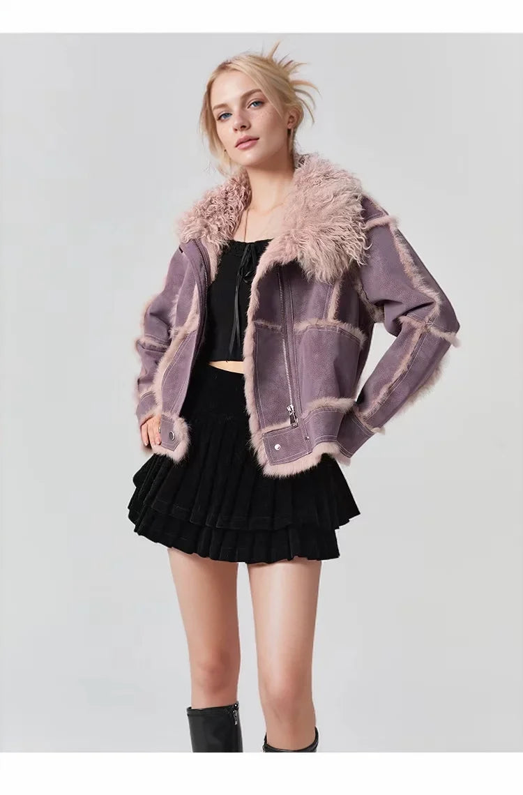 2024 Winter Short Style Fur Women Sheepskin Jacket Tanned Suede Luxury With 100%Natural Rabbit Lining Luxury Fashion Fur Coat - reetell