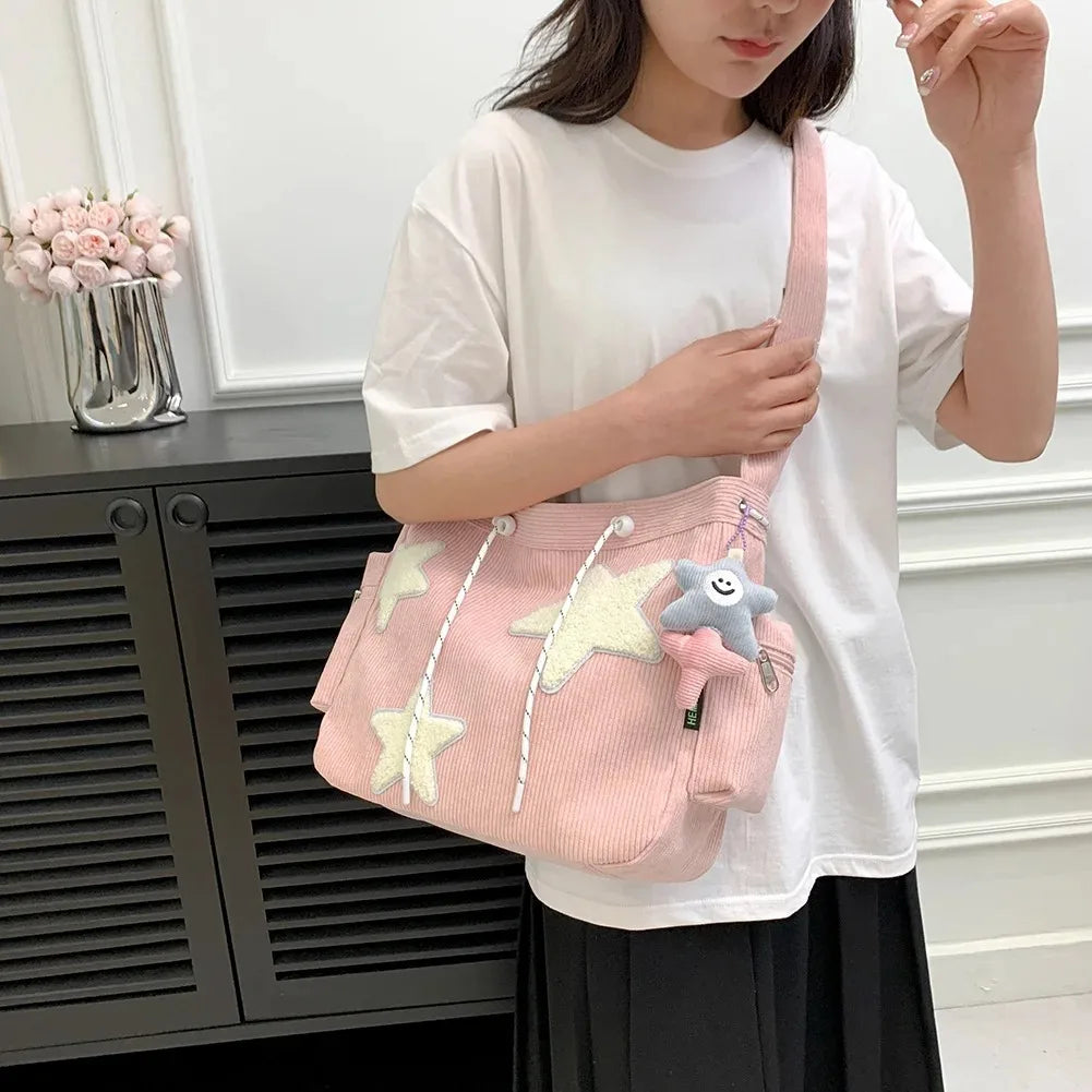 Women Star Pattern Corduroy Crossbody Bag Casual Tote Lady Simple Large Capacity Shoulder Bag Girl Travel School Bookbag Handbag