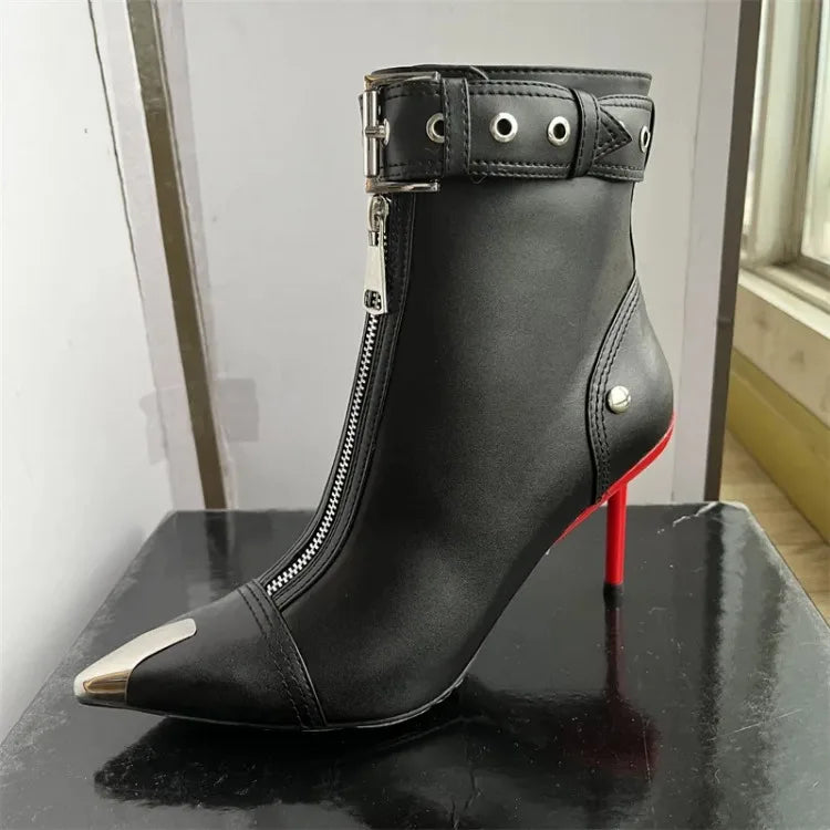 Belt Buckle Front Zipper Fashion Show Short Boots Women's Autumn Winter New Pointed Metal Decoration Red High Heels Ankle Boots