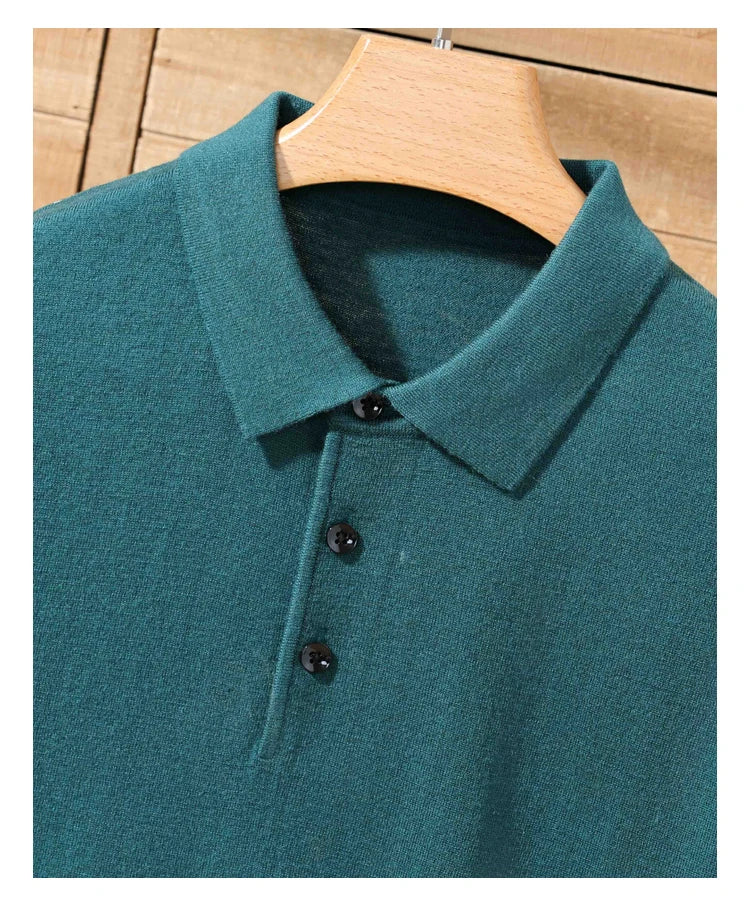 100% merino sweater summer men's lapel pullover short sleeve POLO neck sweater loose top knitted clothing plus size T-shirt