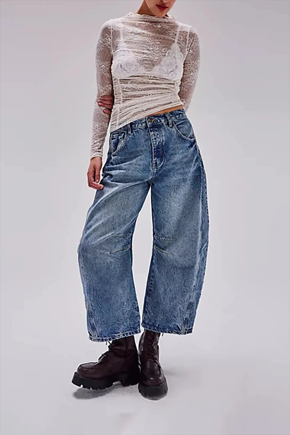 Midiross High Stretch Mid-Rise Barrel Jeans Fashion wide Leg Shape Women Casual Baggy Mid Waist Denim Jeans - reetell