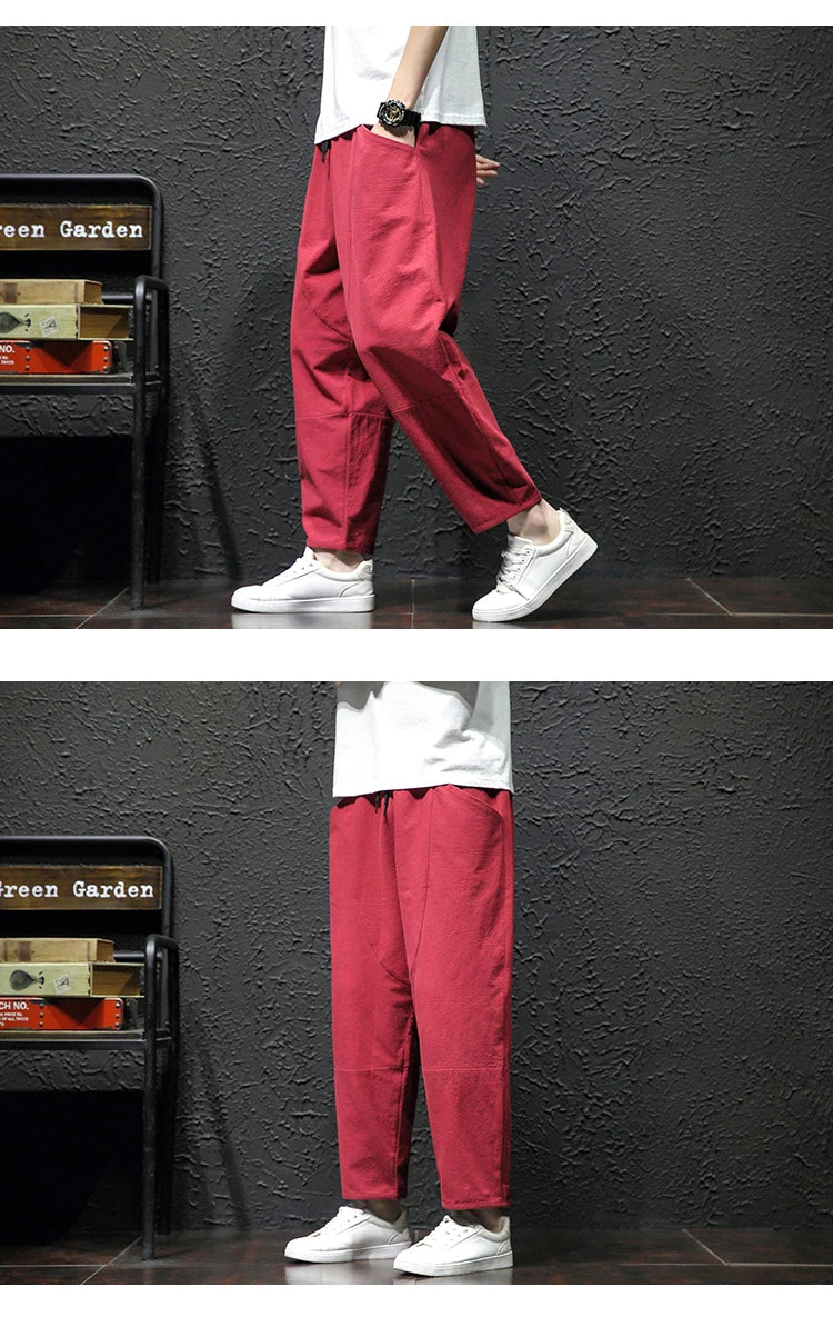 100% Cotton Ankle Length Pants Summer Casual Pants Man Trendy Japanese Loose Pants Men - reetell