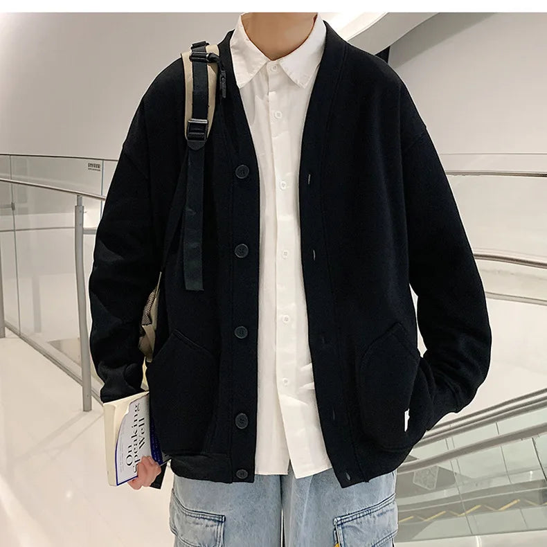 2023 Korean Sweatshirts Men Fashion Solid Color Style Hoodies Autumn Brand Casual Loose Coat Street Thick Warm Male Cardigans - reetell