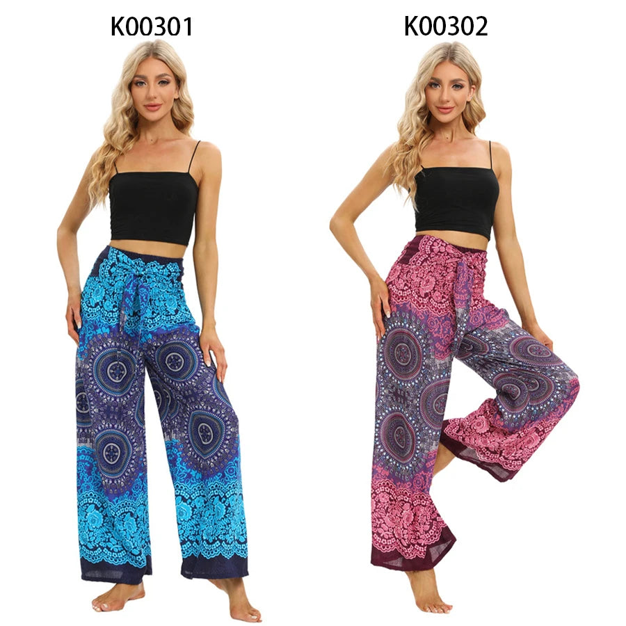 2024 Women Boho Yoga Pants Rayon Vintage Floral Printed Wide Leg Long Trousers Elastic High Waist Female Outside Home Clothes - reetell