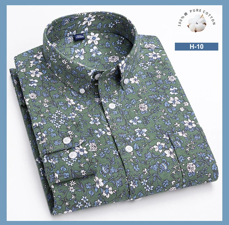 Men’s 100% Cotton Long Sleeve Shirts Vintage Floral Print Breathable Office Dress Shirt Casual Fashion Standard Workwear Shirts - reetell