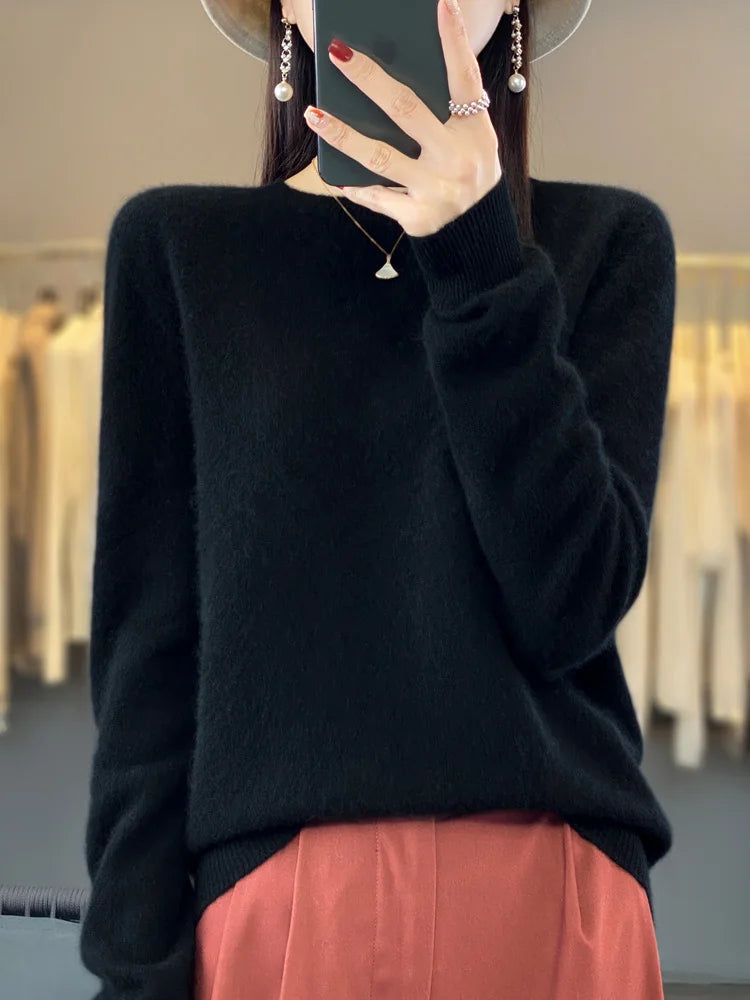 100% Merino Wool Sweater Women  Cashmere Pullover Knitwear Autumn Winter O-neck Solid Color Fashion Basic Female Clothes Tops - reetell