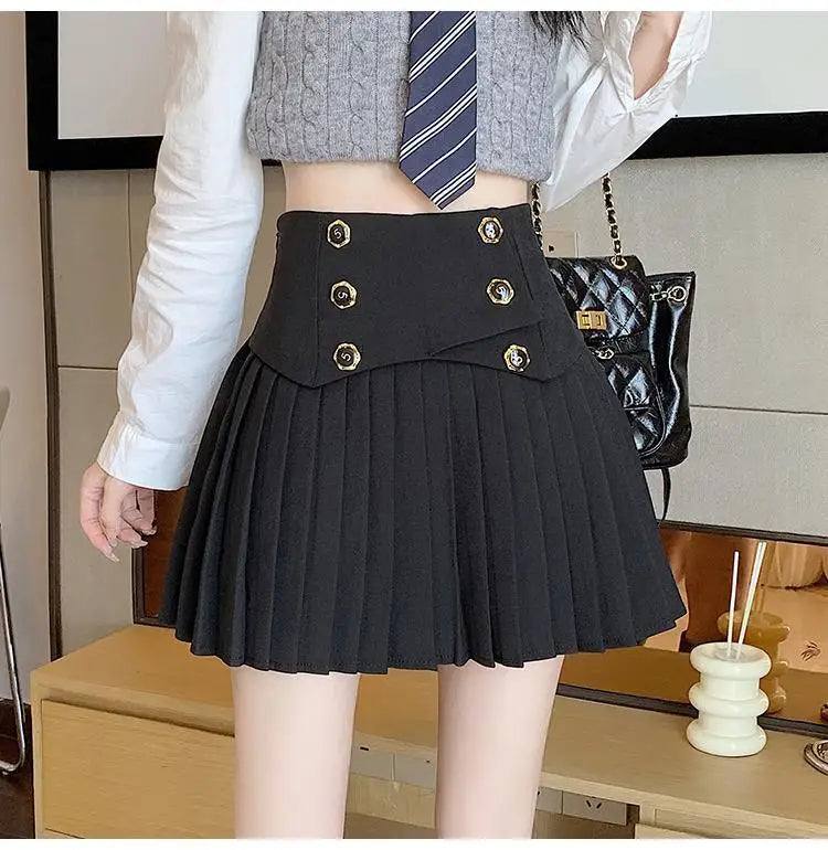 Pleated Skirt New Spring Autumn All-match Buttons Solid Color High Waist A-line Skirt Femme Preppy Style Pleated Trend Skirts - reetell