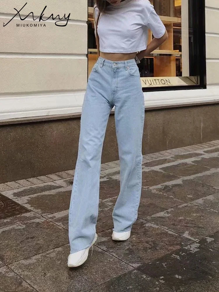 MiuKoMiYa Straight Jeans Women High Waist Streetwear Light Blue Boyfriend Denim Pants Ladies Wide Leg White Jeans For Women 2023 - reetell