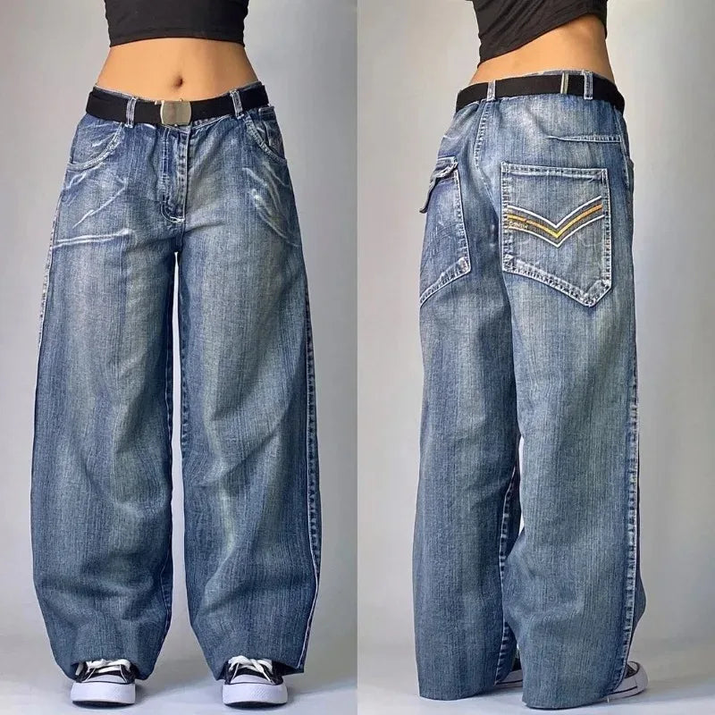 Streetwear American New Washed Light Blue Baggy Jeans Men And Women Y2K High Street Fashion Retro Punk High Waist Wide Trousers - reetell