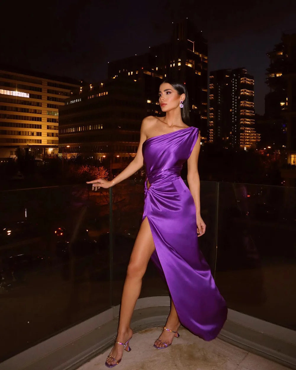 New Ladies Purple One Shoulder Sexy Skinny Draped Sleeveless Sequin Cutout High Slit Long Celebrity Party Dress - reetell