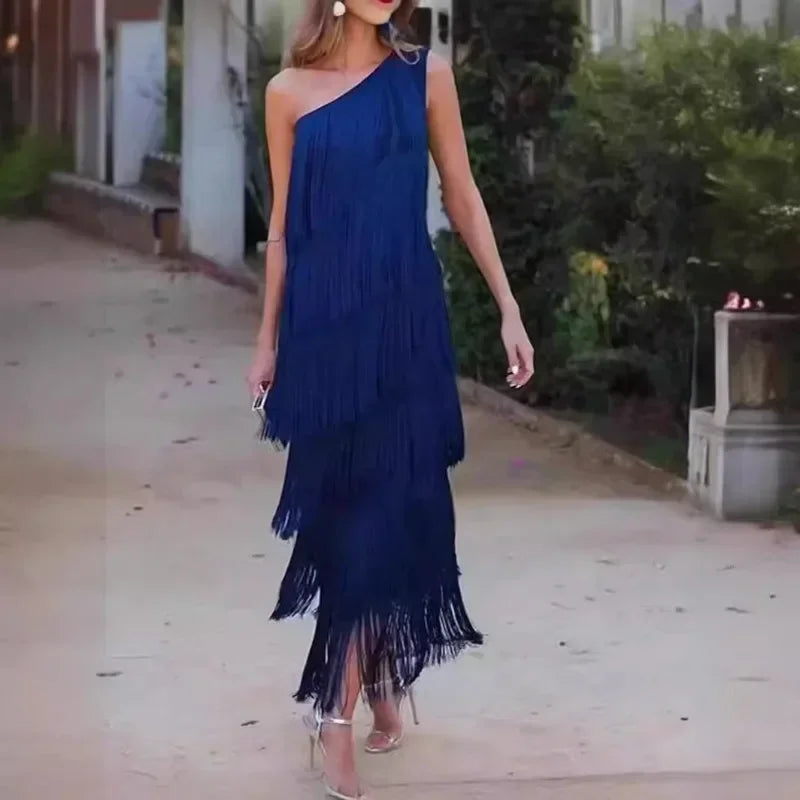 Mandylandy Summer Party Dress Women Fashion Tassel Shoulder Asymmetric Dress Evening Dress Sleeveless Slim Fits Long Dresses - reetell