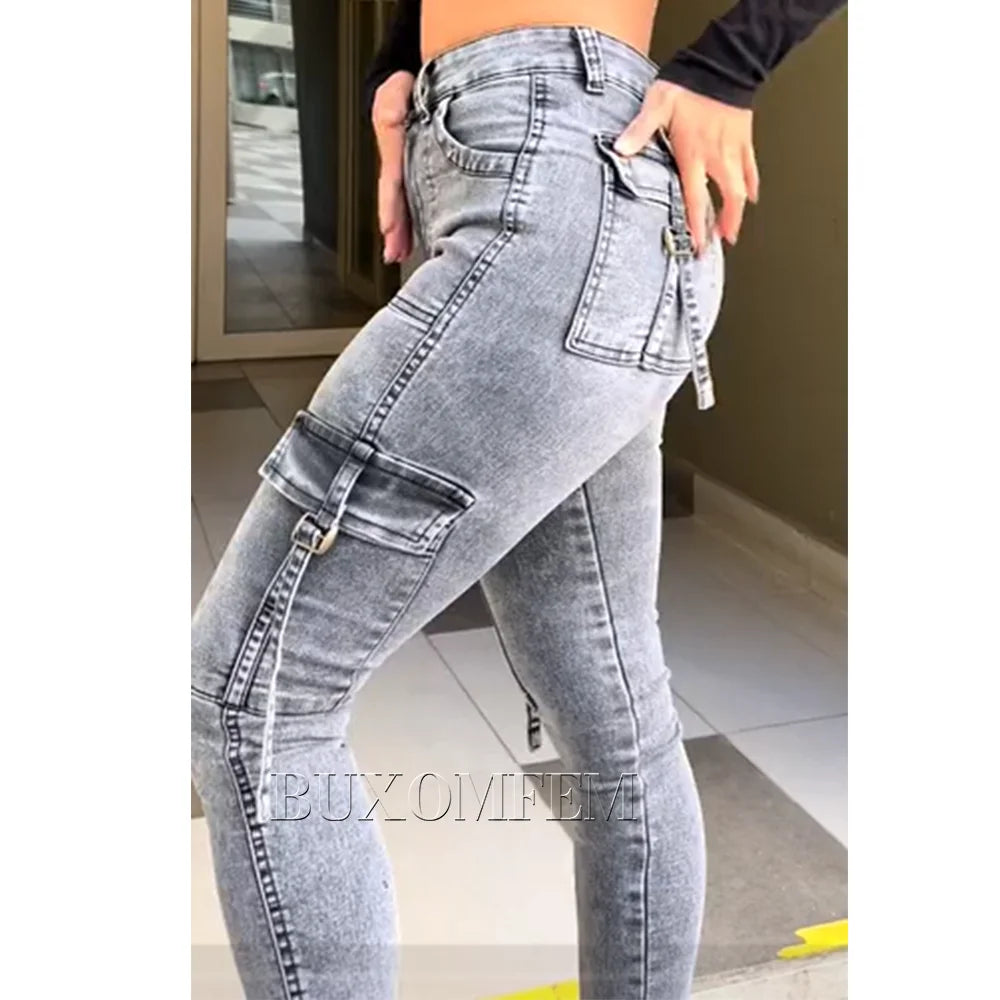 Straight Cargo Jeans Women's Streetwear Stretchy High Waisted New Fashion Jeans Unique Multi-Pocket Female Style Fall Pantalones - reetell