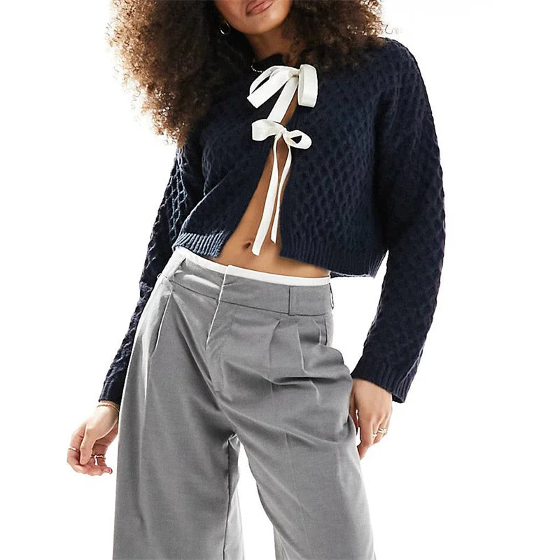 Lamuusaa Sweater y2k Clothes Women Contrast Color Round Neck Bow Tie Front Cardigan Jumpers Crop Tops 2000s Clothing Streetwear - reetell