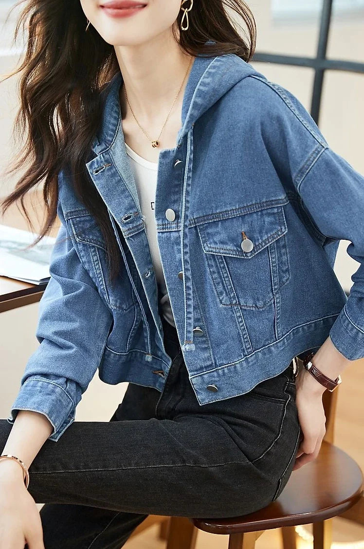 Crop Hooded Small Women's Denim Jackets Outerwears Female Jeans Coat Spring Autumn Plain Blue Short On Offer With Elegant Classy