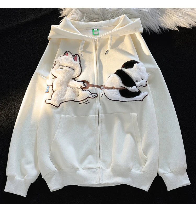 Korean New Design Embroidery Cartoon Hooded Coat Autumn Winter Cat Print Zip Up Women Man Hoodies Streetwear Couples Clothes Top - reetell