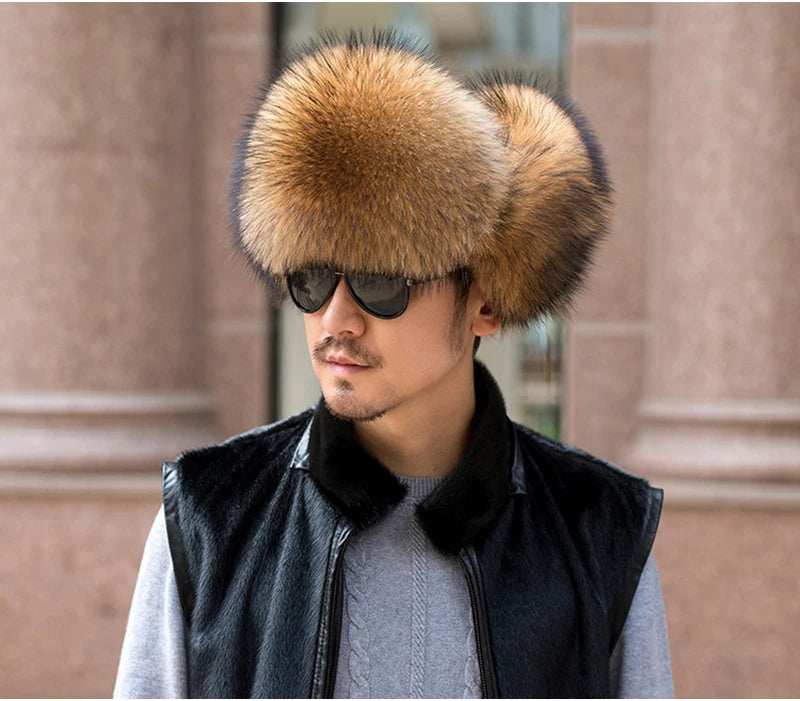 Winter Men's 100% Real Silver Fox Fur Bomber Hat Raccoon Fur Ushanka Cap Trapper Russian Man Ski Hats Caps Real Leather