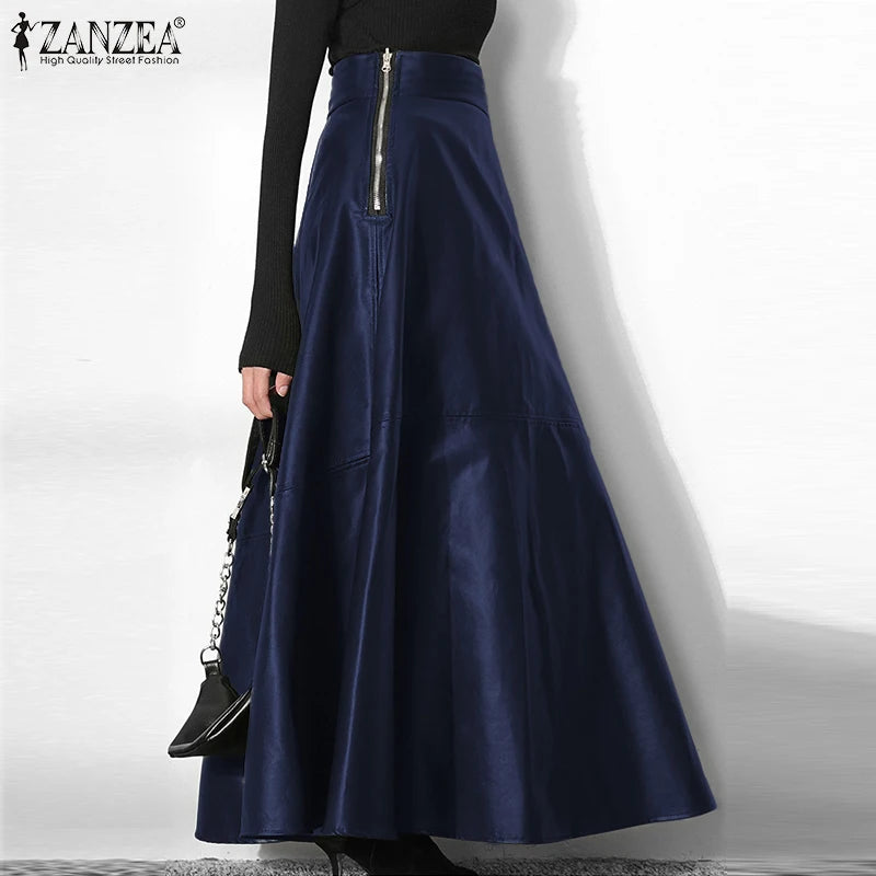 2023 Fashion Solid Mujer Faldas ZANZEA PU Leather Maxi Skirts Women's Elegant OL Long Saias Casual High Waist Zipper Jupe Femme - reetell