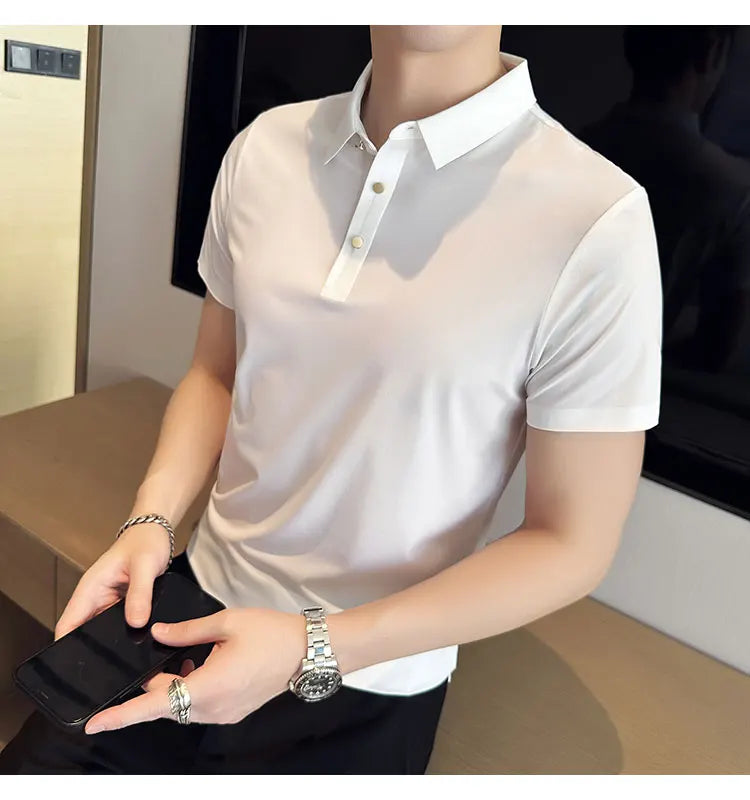 Ice Silk Traceless T-shirt Men's  Business Casual Solid Color Half Sleeve High Elasticity Top Silk Smooth Breathable POLO Shirt