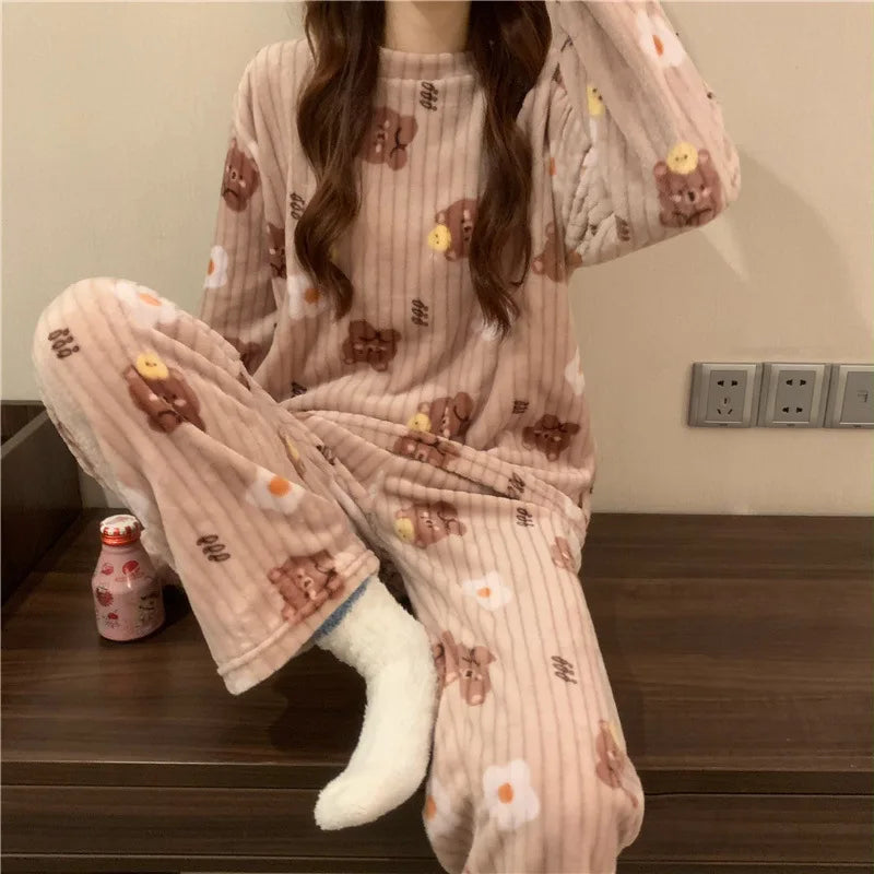 Autumn Women Solid Warm 2 Piece Sets Thicken Velvet Ribbed Fleece Set Pullover And Pants Women Casual Pajama Sets 2024 - reetell