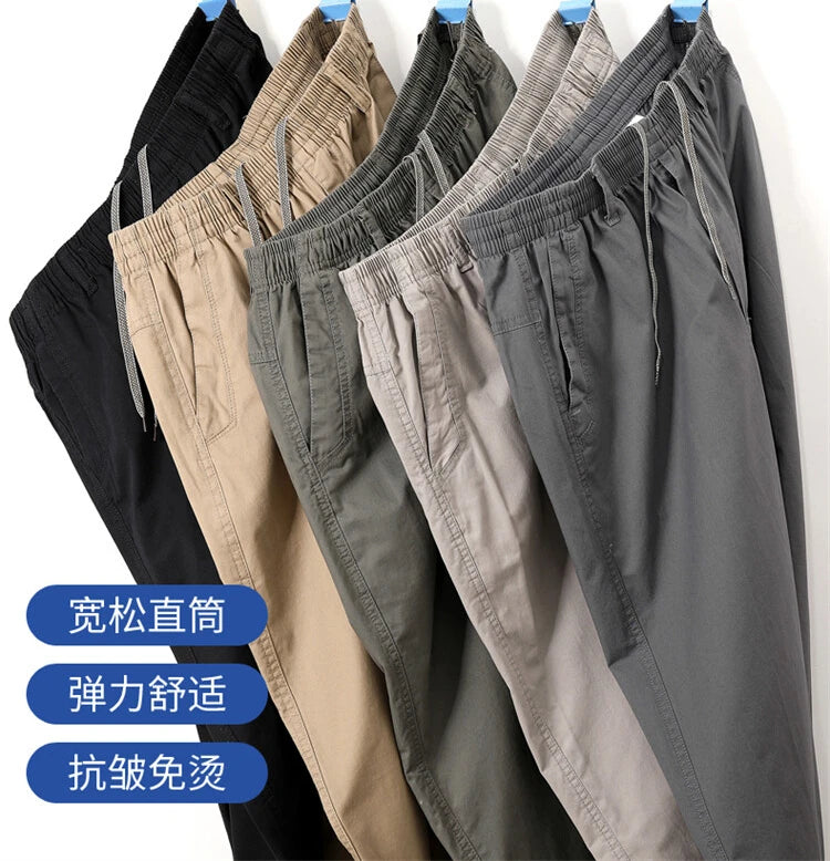 Men's Straight Cargo Trousers, Casual Pants, Monochromatic, Plus Size, M-6XL, Elastic Waist, 100% Cotton, Ninth Pants, 2024 New - reetell