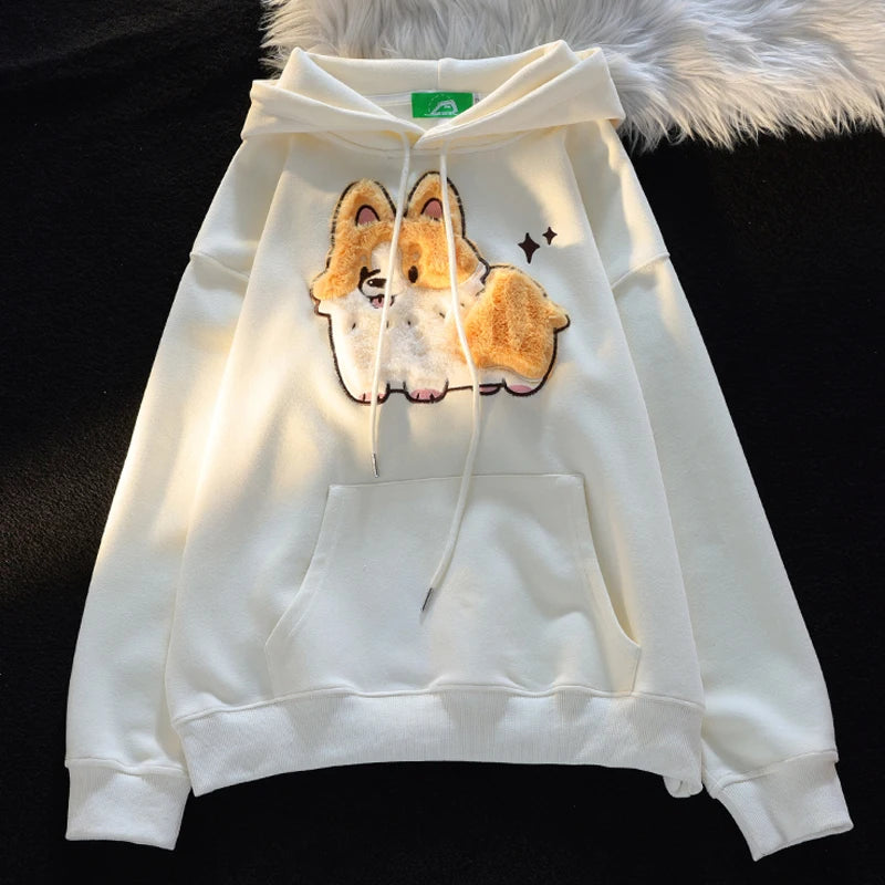 Embroidery Corgi Hooded Sweatshirt Ladies Loose and Sweet Hoodies Women Autumn Winter Casual Women's Long Sleeve Pullover Y2K - reetell