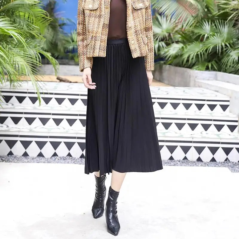 2023 Women Elegant Pleated Skirt High Waist Women Mid-long Skirt Female Ladies High Quality Women Midi Skirt Black Saia - reetell