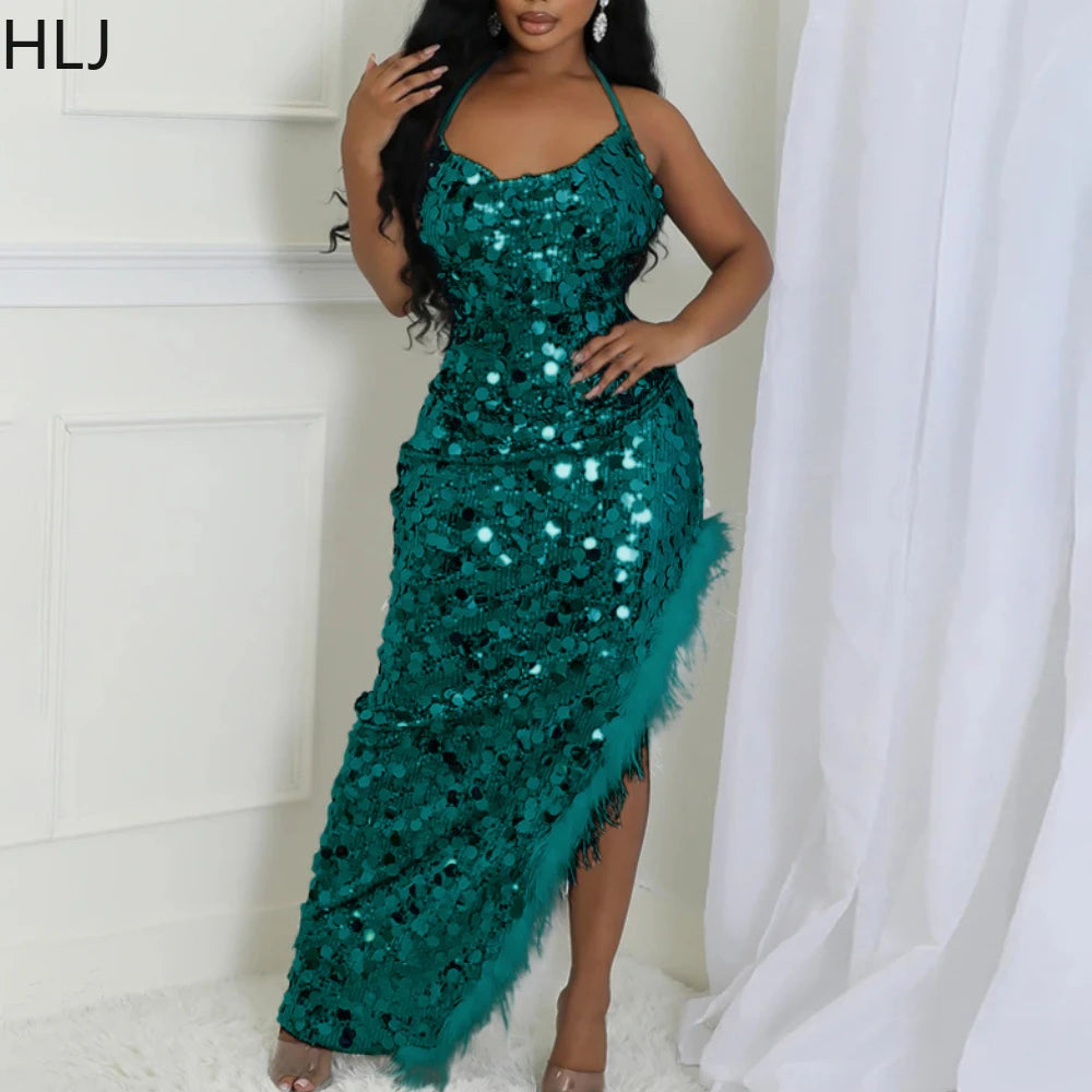 HLJ Sexy Sequin Halter Irregular Evening Party Dresses Women Feather Splicing Bodycon Vestidos Fashion Sparkling Slim Clothing - reetell