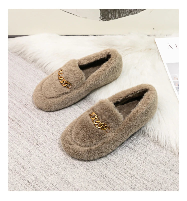 2023 winter women's outdoor plush warm shoes british style metal chain decoration snow boots boat shoes Ladies' casual flats - reetell