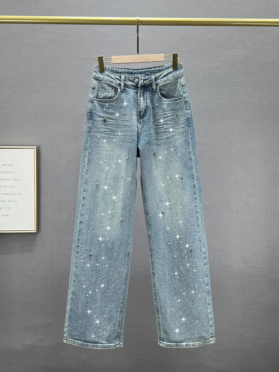 Rhinestone XINGX Pendant Design High Waist Wash Jeans Women's Summer Loose Slimming and All-Matching Straight-Leg Pants - reetell