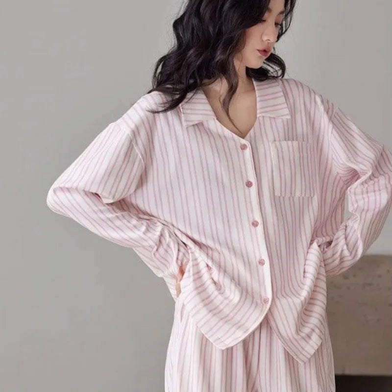 Striped Pajamasr Women Spring Autumn 2024 New Loungewear Cardigan Long Sleeved Cotton Sleepwear Lace V-neck Casual Homewear