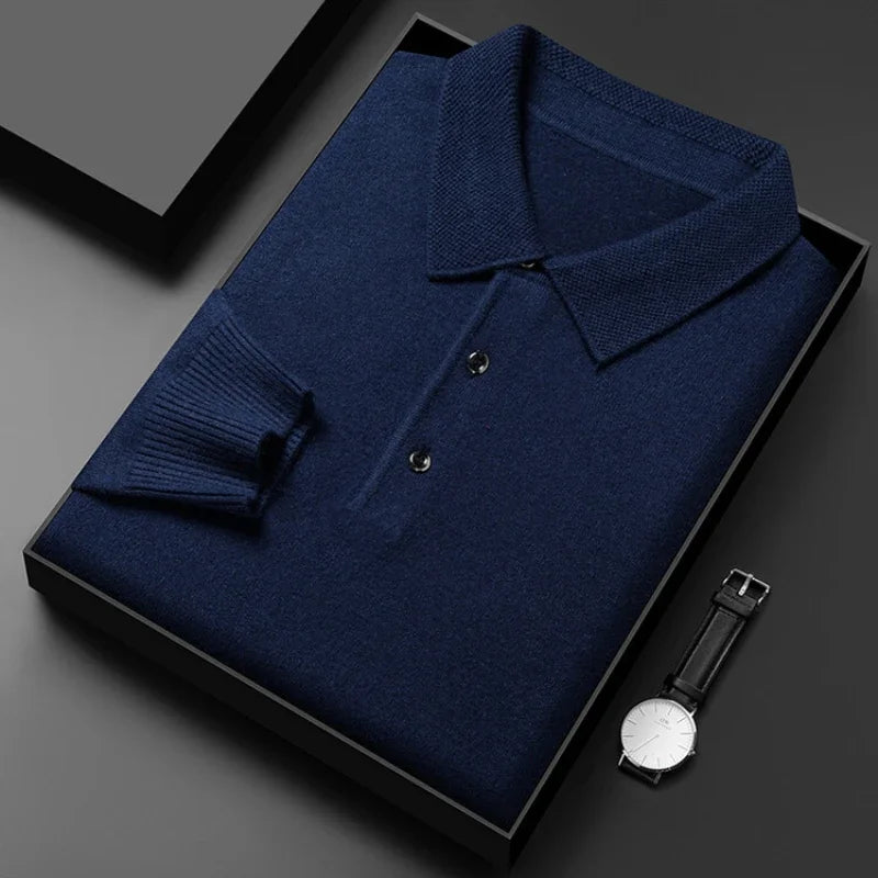 Autumn and Winter New Warm Soft Pullover Men's Business Lapel Knitwear Casual Solid Color Long Sleeve Polo Shirt Office - reetell