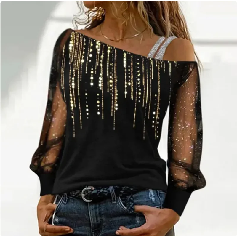 Silver Shoulder Strap Transparent Sleeves Sequins Blouse Women's Sexy T-shirt Christmas Tree Printed Long Sleeved Top - reetell