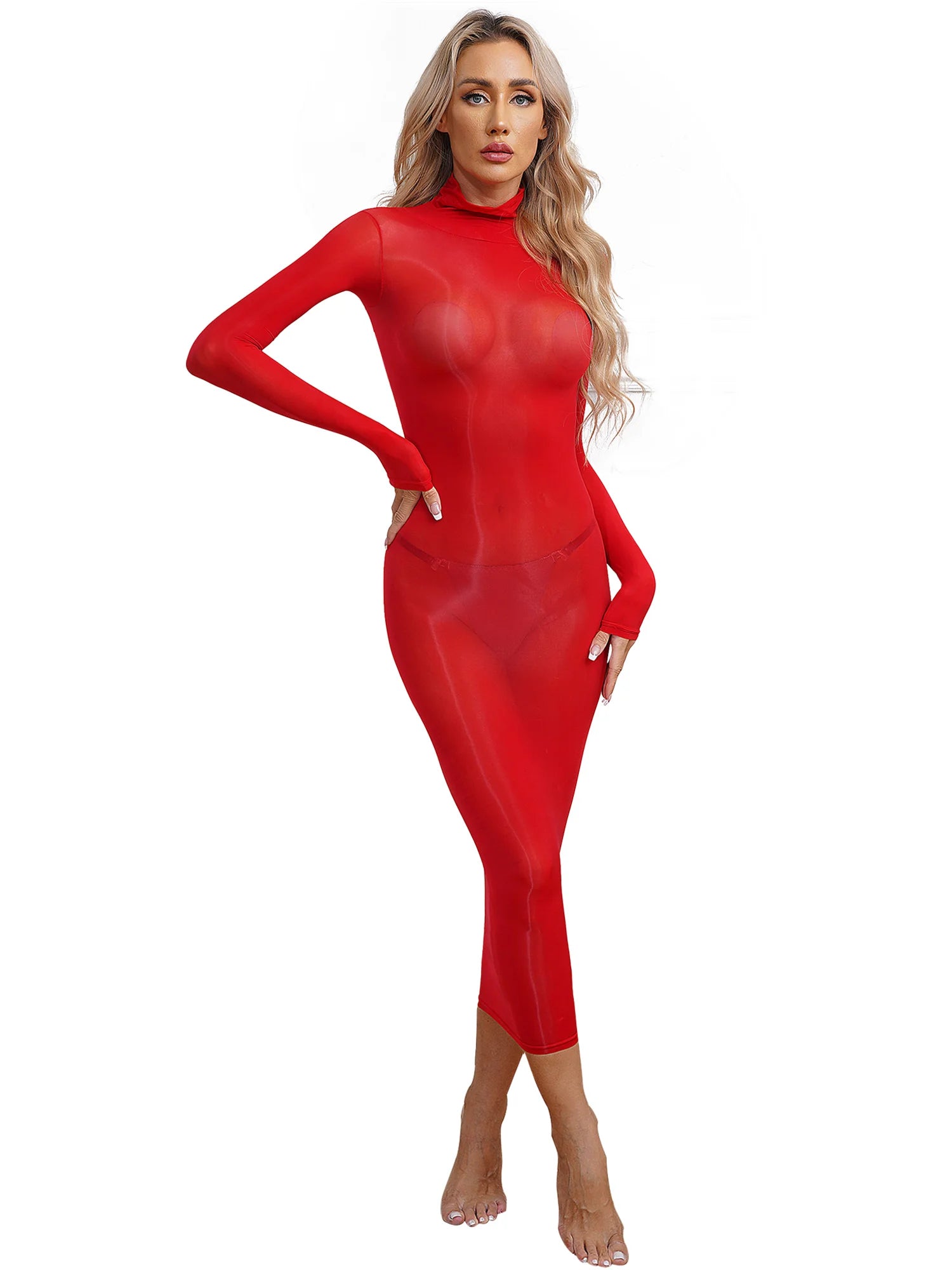 Womens See Though Skinny Dress Lingerie High Stretchy Glossy Bodycon Dress Long Sleeve Sleeveless Dating Club Rave Party Clothes - reetell