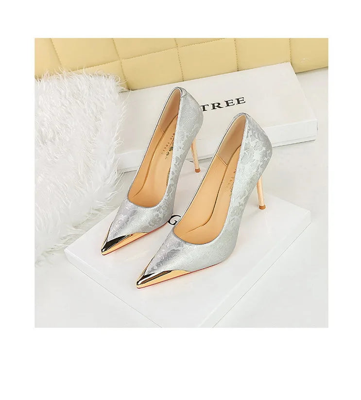 BIGTREE Shoes Metal Pointed End Women Pumps Silks Satins High Heels Ethnic Style Women Stilettos Heels 10 Cm Banquet High Heels