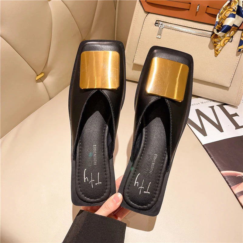 Brand Designer Women Slippers Fashion Metal Buckle Mules Flat Heels Square Toe Shallow Shoes Outdoor Slide Female Casual Sandal